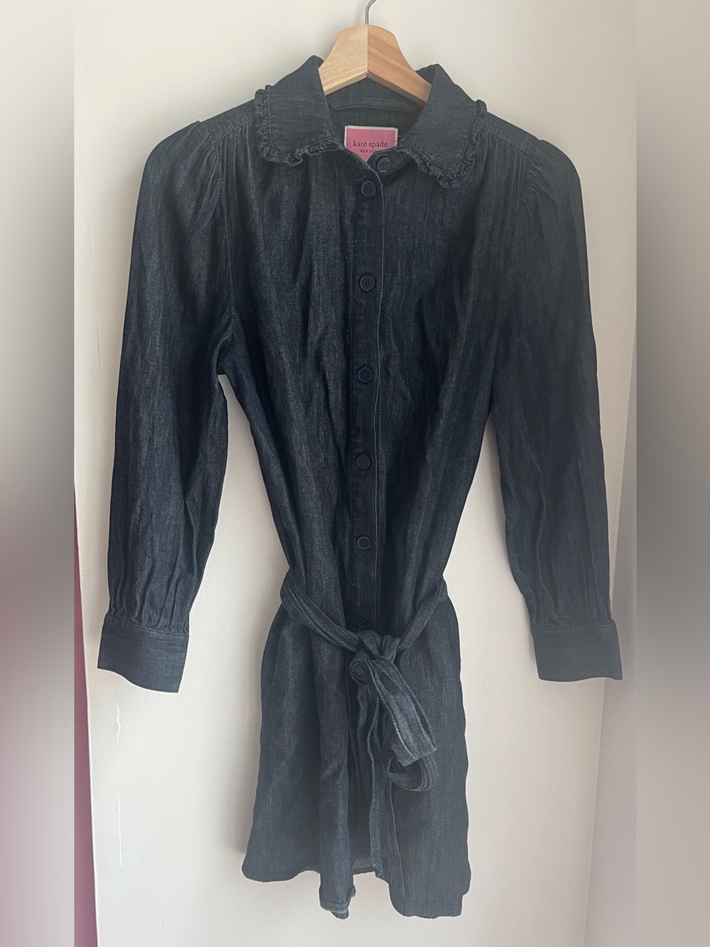 Kate Spade Dark Blue Wash Ruffle Denim Mini Shirtdress with Tie Waist - Picture 7 of 13